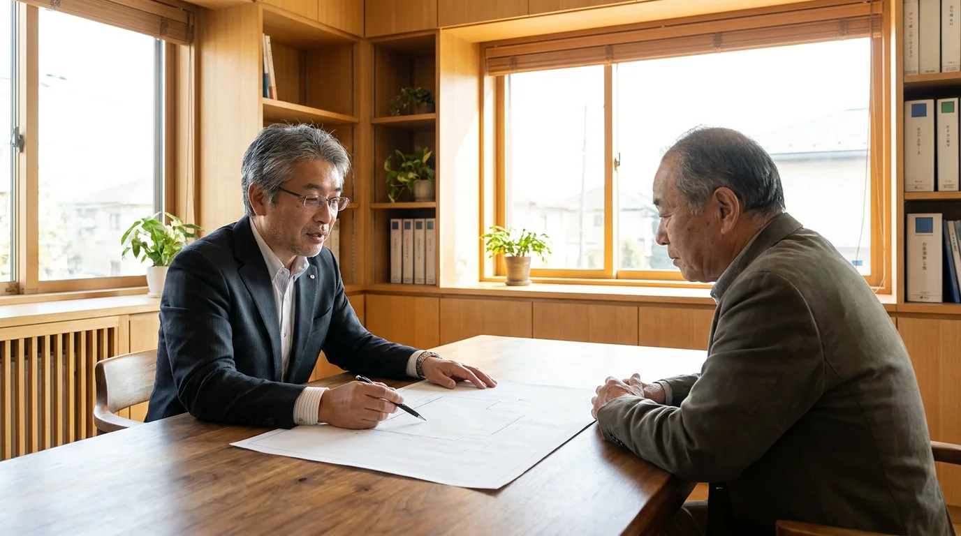 不動産の資料と測量図を机に広げ、権利関係を確認する専門家の手元