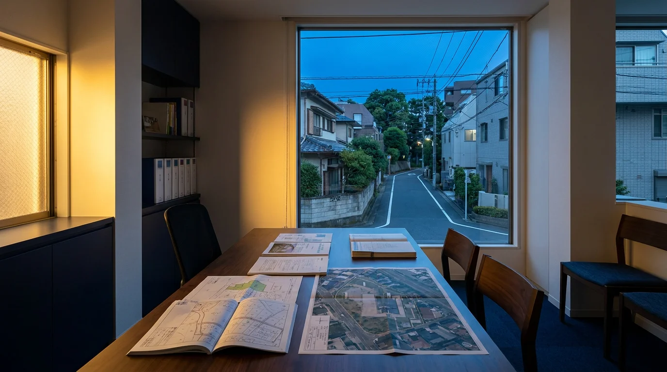 夕方の住宅地に建つ小規模な賃貸住宅の外観