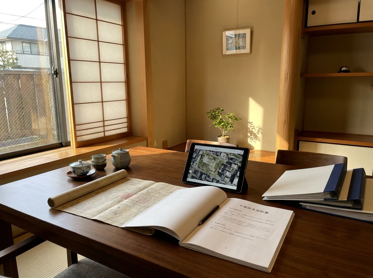 借地権付き住宅と隣接する土地の境界を道路側から確認する様子