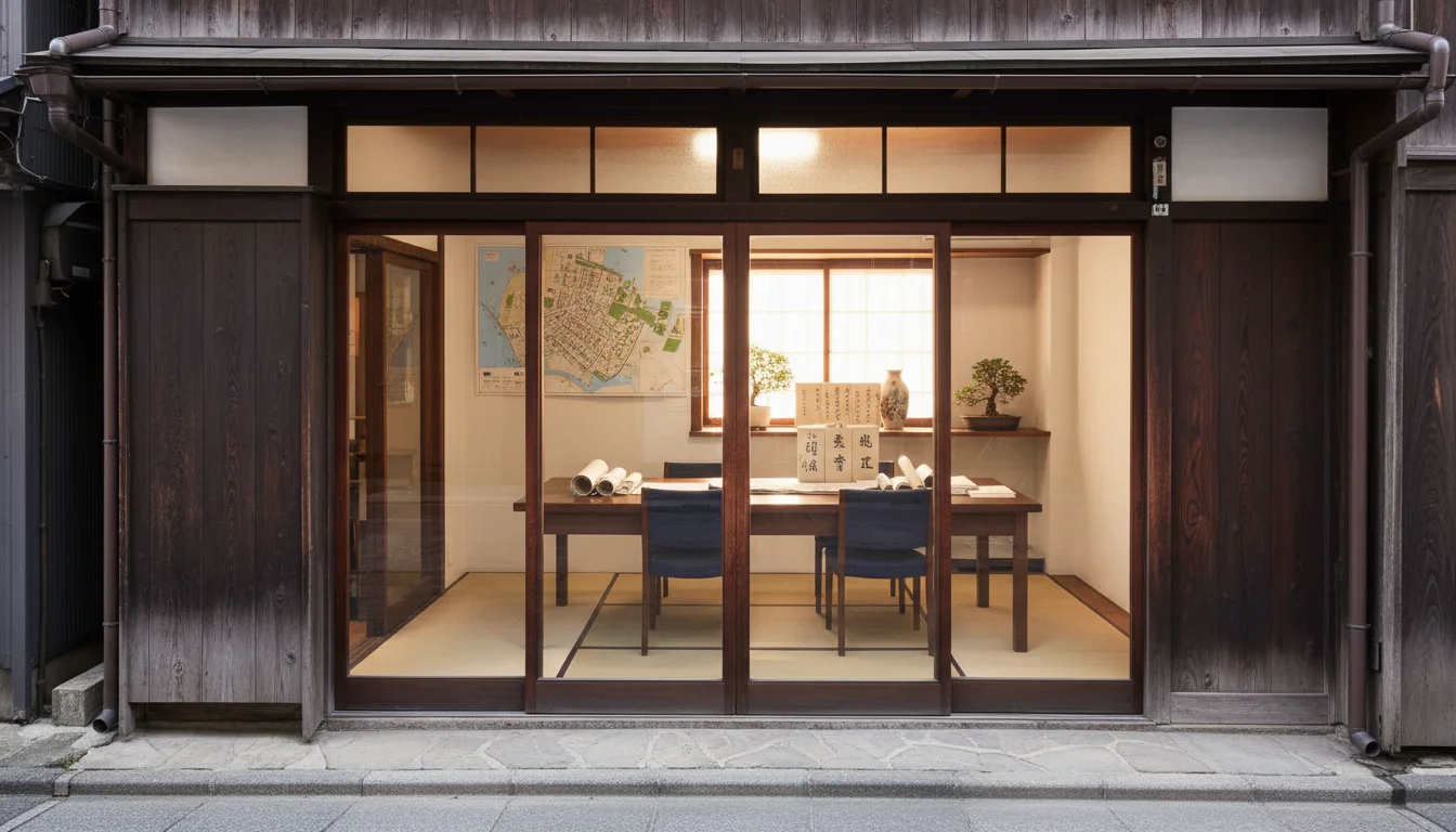 狭い路地に面して建つ古い借地権付き住宅の外観
