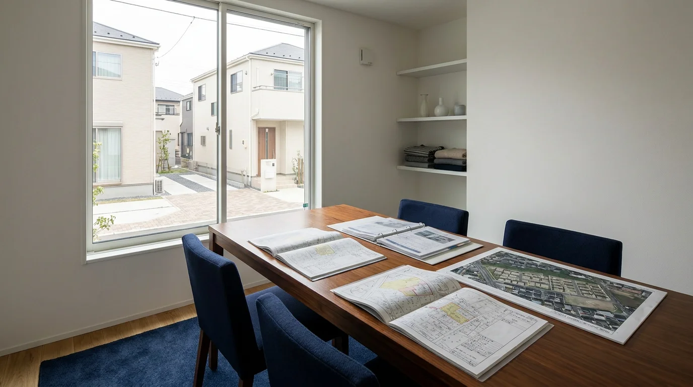 住宅地に並ぶ二棟の建物とその間の共有通路